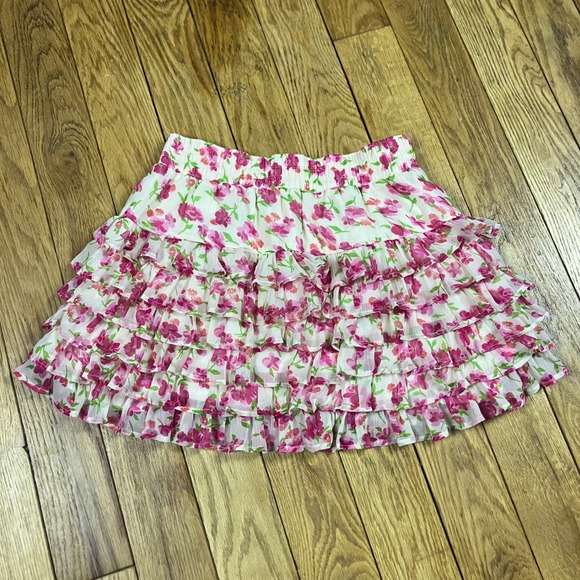 Hollister Floral Ruffle Skirt White Pink Green Tiered Mini Size Medium - Picture 2 of 4